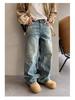 Men's Washed Distressed Wide-Leg Jeans - Retro American Street Style, Floor-Length, Perfect for Spring and Autumn