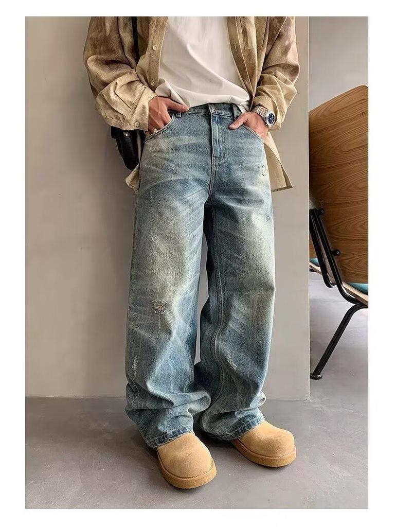 Men's Washed Distressed Wide-Leg Jeans - Retro American Street Style, Floor-Length, Perfect for Spring and Autumn