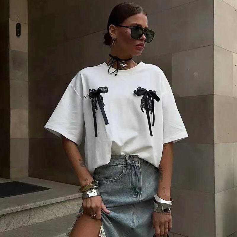 

Летняя хлопковая футболка с бантом, женская кружевная футболка с круглым вырезом и коротким рукавом, повседневная свободная футболка с короткими рукавами, модная уличная одежда XL белый