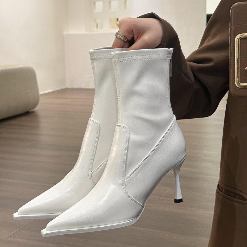 2025 Spring and Autumn New Fashion Versatile Autumn and Winter Feeling Pointed Splicing High-heeled Short Boots Women's Thin Heel Single Boots