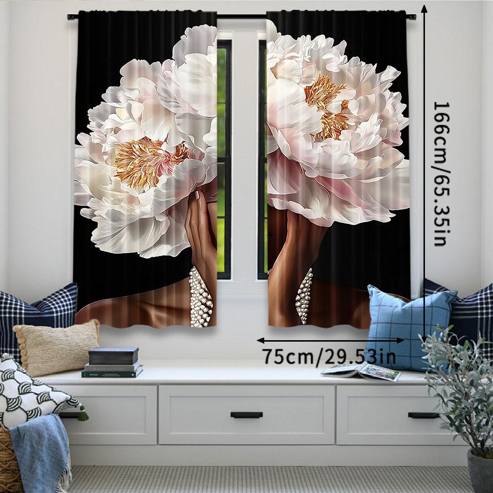 2Pcs African American Curtain Black Girl Pink Peony Floral Retro Rose Pearl Artwork Suitable For Bedroom Bathroom Living Room
