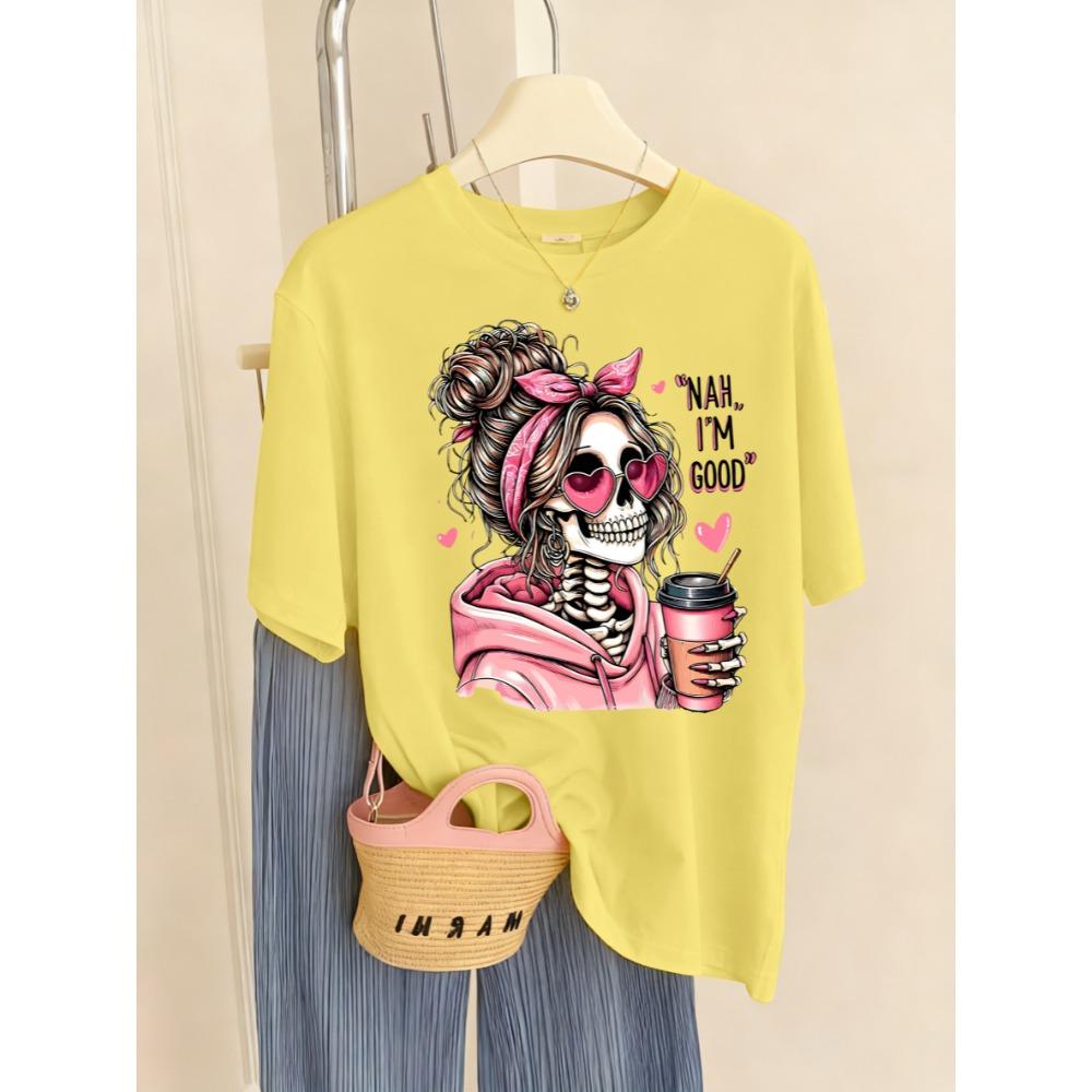 I'M Good Coffe Skulls Printed T-Shirt Women Crewneck Casual T Shirts Comfortable Summer Short Sleeve Soft Tee Top