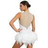 Body da ginnastica femminile con strass, piume soffici, orlo irregolare, senza maniche, con bottoni all'inguine