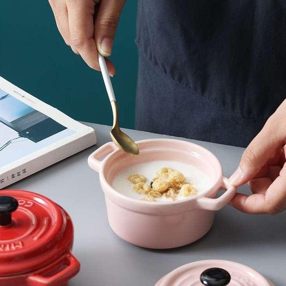 Anti-scalding Ceramic Breakfast Bowl Hanging Ears Mini Casserole with Lids  Household