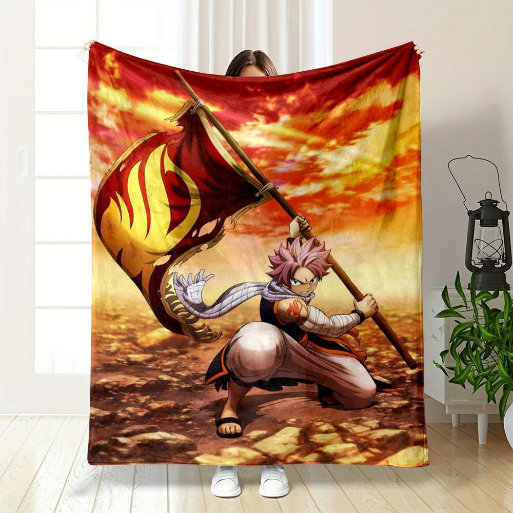 Anime Character with Flag and Sunset Style Flannel blanket for bedroom, living room, sofa, and nap sofas.