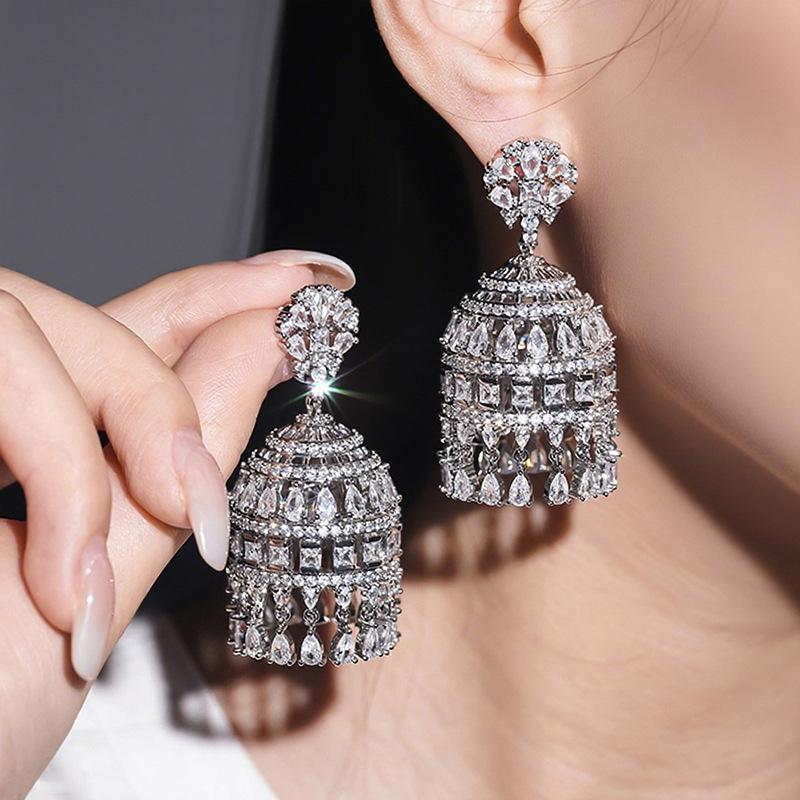 Multi-Tier Hollow Bell Shaped Jhumka Earrings Mixed Marquise & Square Cubic Zirconia Vintage Ethnic Banquet Ladies Accessories