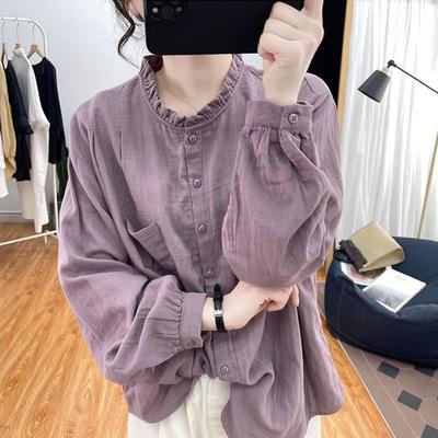 Women Pure Cotton Long Sleeved Shirt for Women Spring Autumn Loose Retro Top Pleated Base Shirt