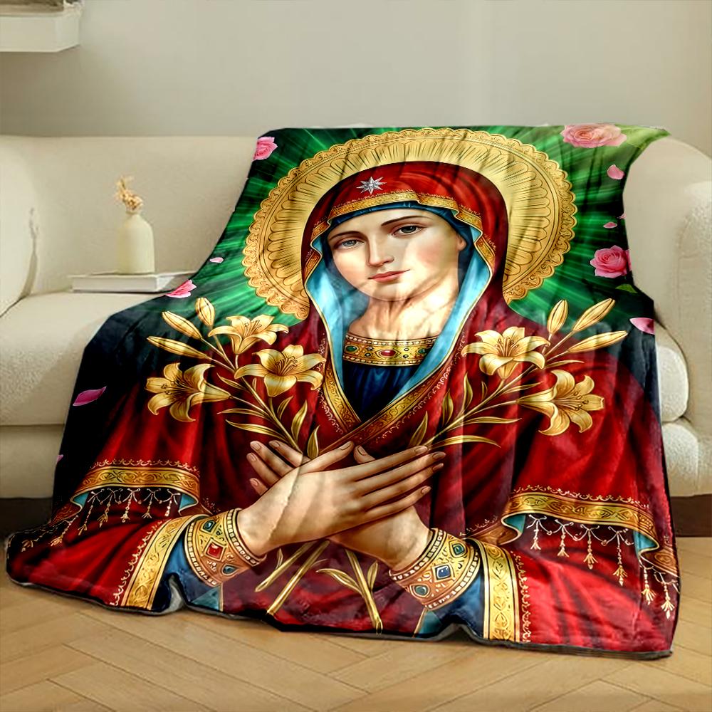 Religious Icon with Flowers and HaloFlannel Blanket for Bedroom, Living Room, Sofa, and Nap