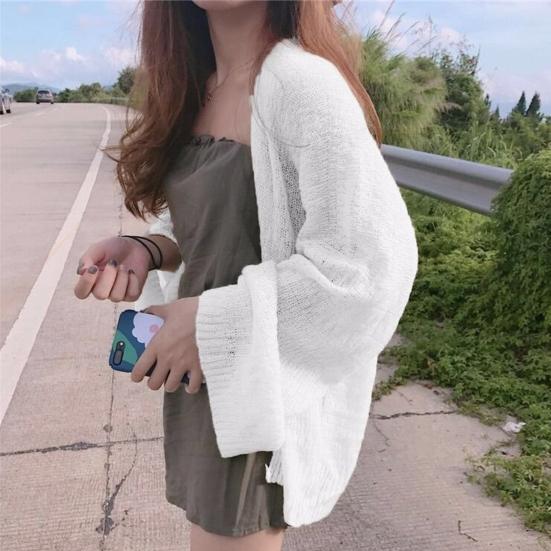 Summer Sun Coat Open Stitch Cardigan Loose Solid Knitted Long Sleeves Office AC Warm Shawl Outdoor