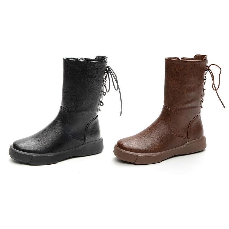 Vielseitige Retro-Herbst- und Winter-Leder-Martin-Stiefel Damen Braun Dicke Ferse Plateau Ritterstiefel Samt Warm Damenstiefel