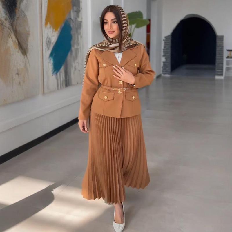 2024 Autumn European & American Solid Color Lapel Suit with Pleated Midi Skirt