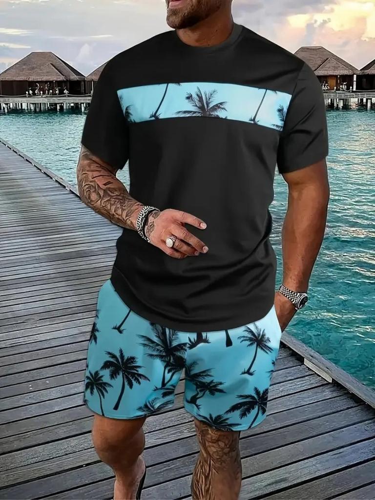 Hawaiian Beach 3D Printed Summer Men's T-shirt Set Sportswear Men's Clothing Short Sleeve Shorts Set Men's T-shirt Set