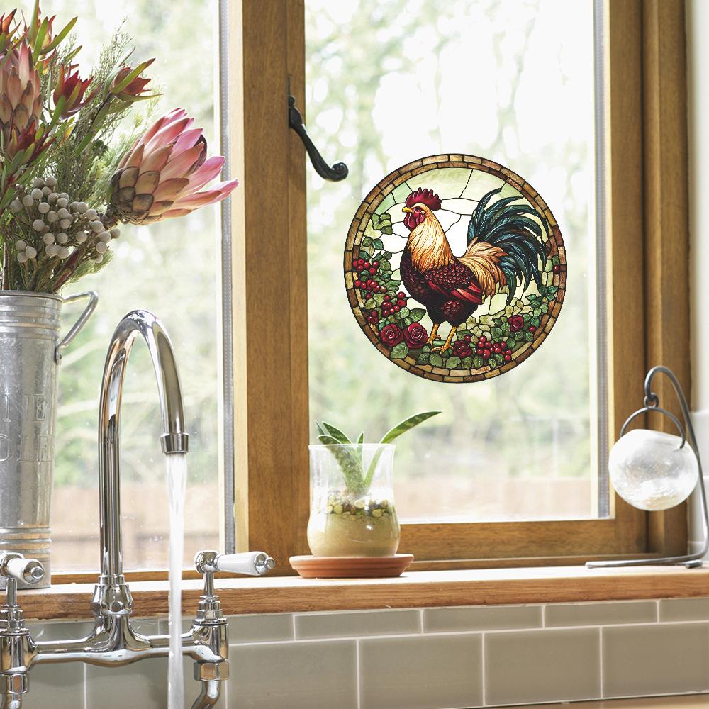 Kreative Runde Hahn Balkon Glasfenster Heim Wand Hintergrund Verschönerungsaufkleber