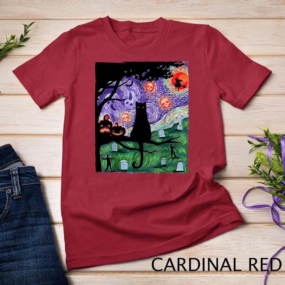 Scary Night Cat Van Gogh- Cat Black Halloween Pumpkin Art T-Shirt Unisex T-shirt 2 3XL