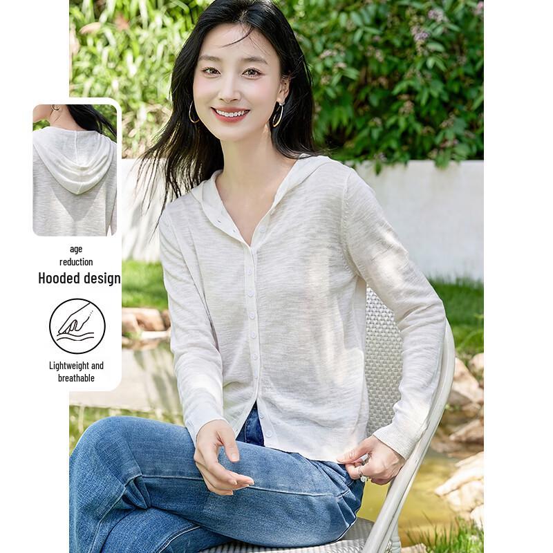Women s Spring Summer Thin Knitted Hooded Cardigan M белый