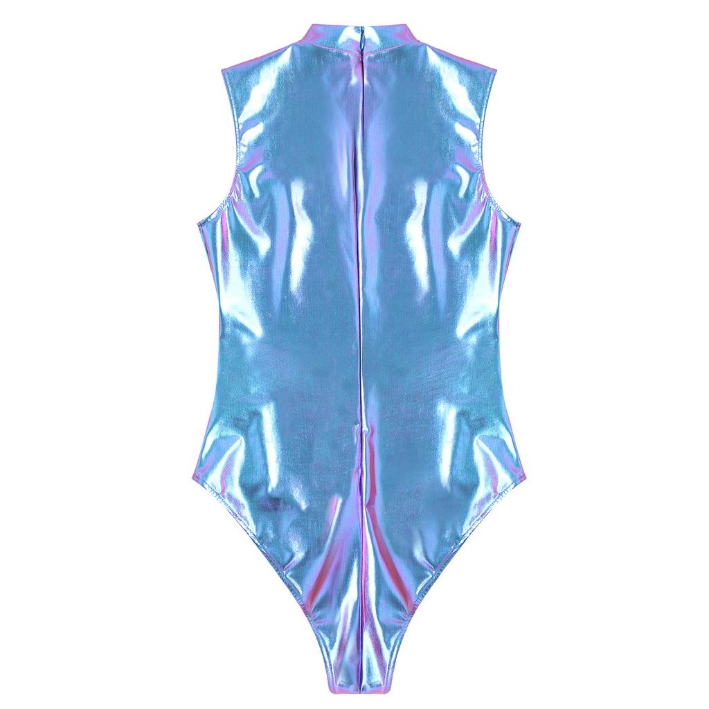 Women One Piece Swimsuits Sleeveless Glossy Swimwear Jumpsuit Leotard Nightclub Performance Costume