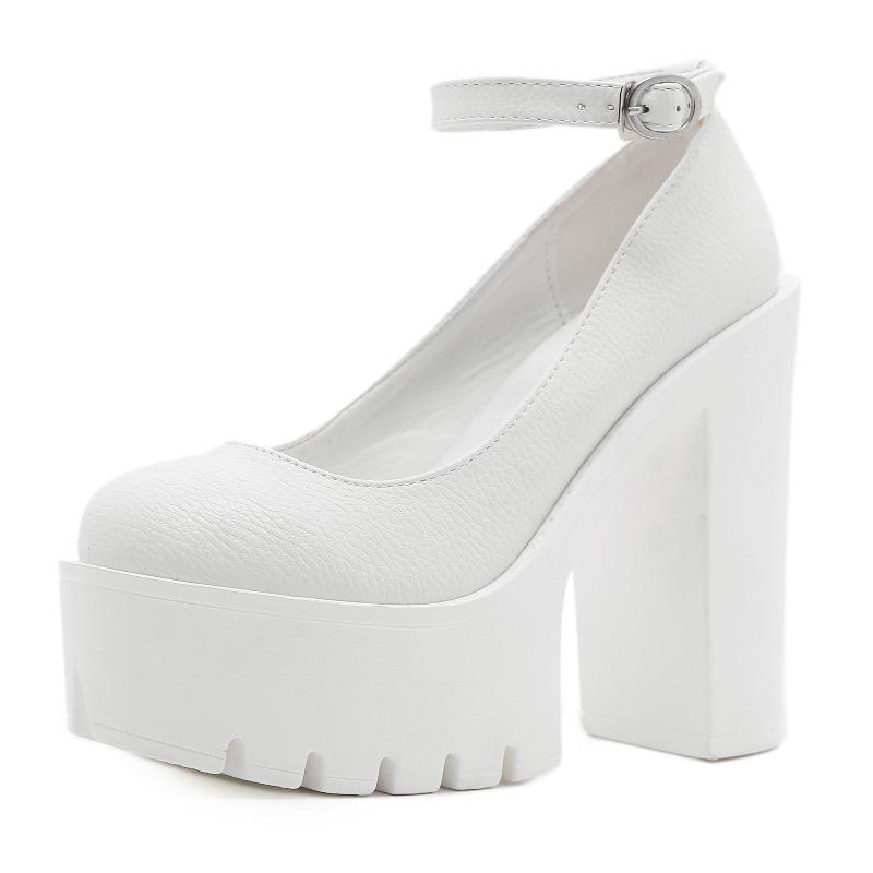 Neue Damenschuhe in großer Größe Wickelschnalle Bühne wasserdicht Tisch Damenschuhe High Heels Einzelne Schuhe