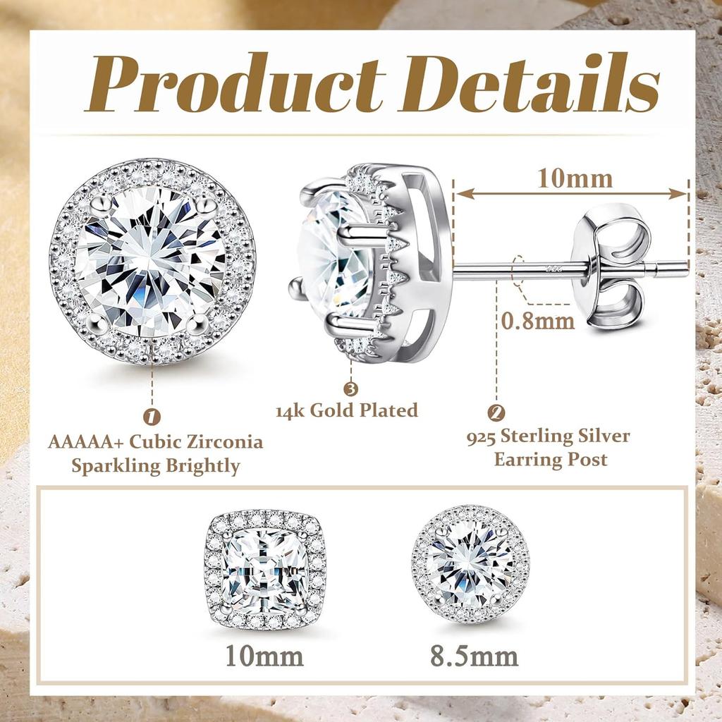 Pozlacené náušnice Halo 18K Zirkonové náušnice 925 Sterling Silver Kulaté Čtvercové Náušnice Diamonique Sada pro Ženy Muže