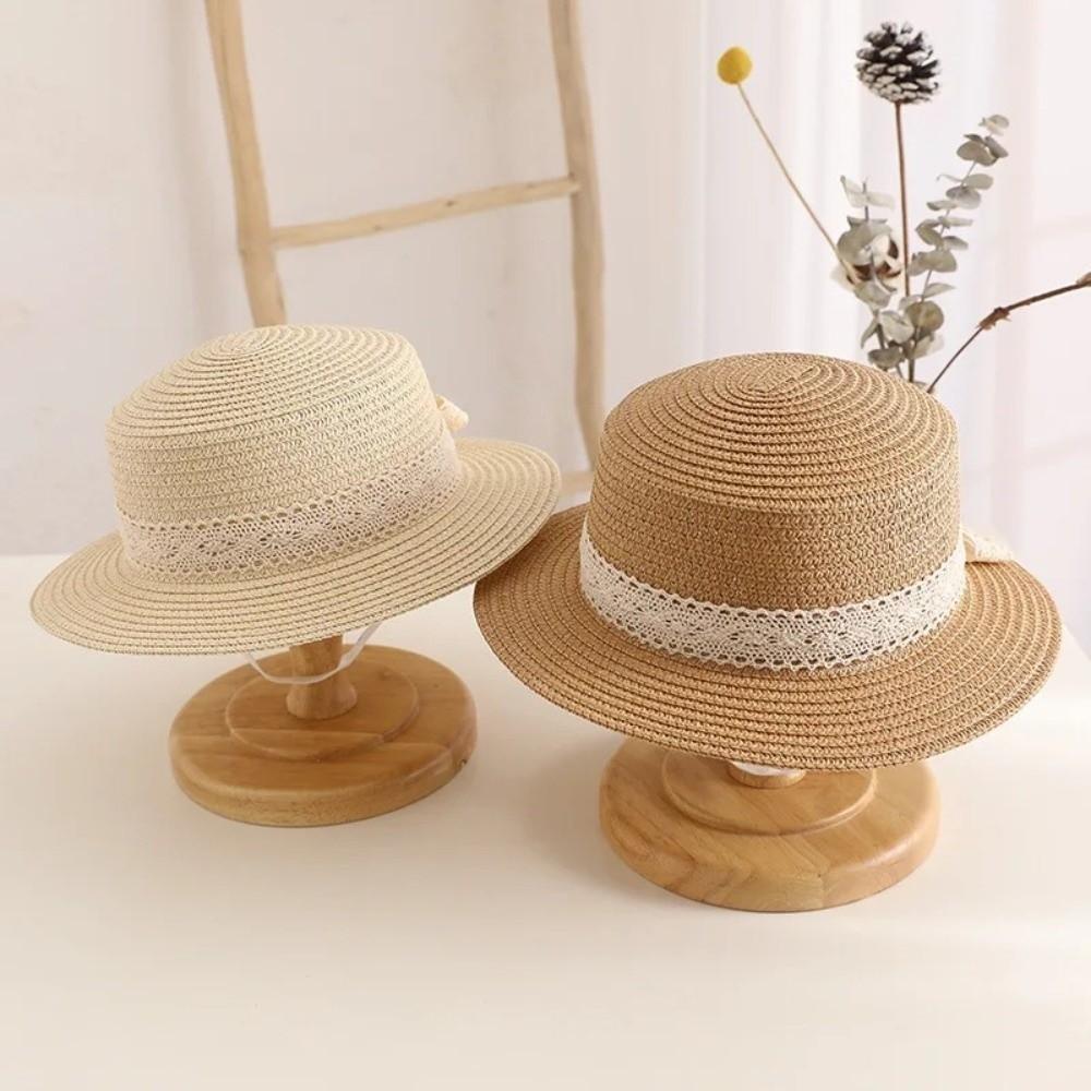 Breathable Kids Straw Hat Lace Bow Sun Visor Cap Simple Children Panama Caps for Girls