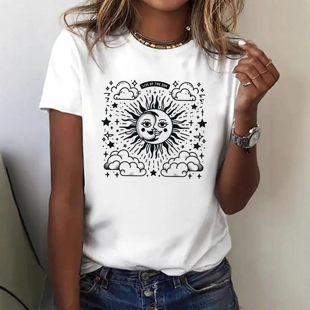 Summer Round Neck 3D Sun and Moon Print Top Fashionable Casual Short Sleeved Women's T-shirts