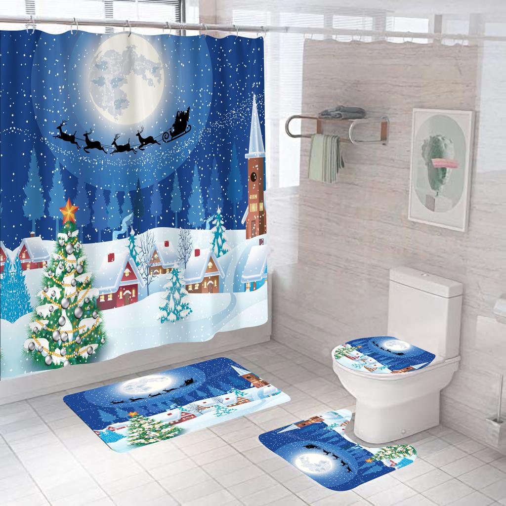 4pcs Merry Christmas Shower Curtain Polyester Shower Curtain Pedestal Rug Set Bathroom Decor Waterproof Curtain