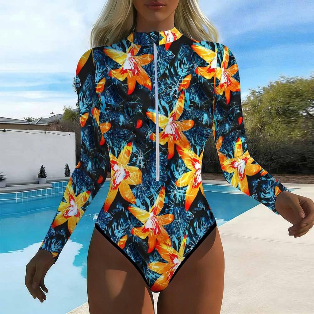 Women Long Sleeve One Piece Swimsuit Zip Front  Rose Flower  Print Rash Guard Surfing Bathing Suit