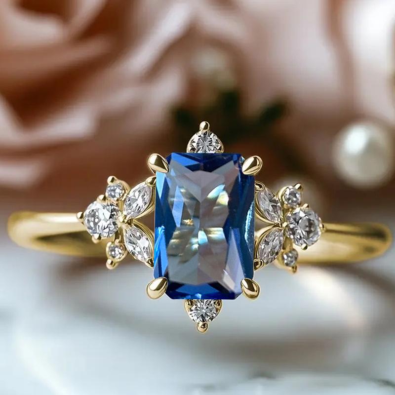 Luxury Geometric Blue Cubic Zirconia Women Ring for Wedding Engagement Bridal Gold Color Party Fashion Fancy Lady Jewelry