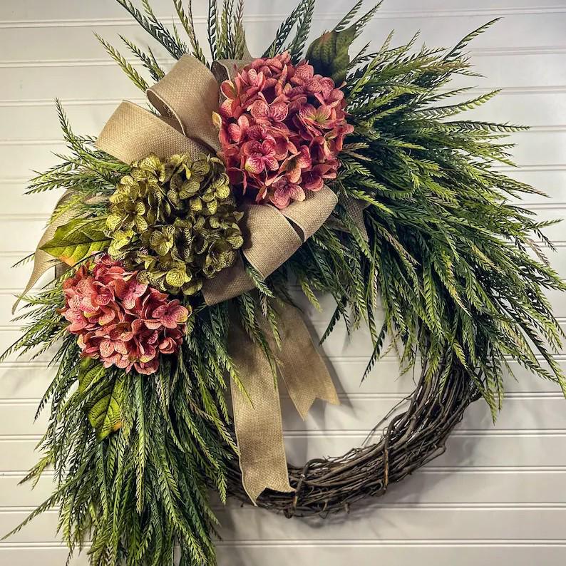 American Pastoral Hydrangea Wreath with Burlap Bow - Green Plant Vine Ring Door Hanging