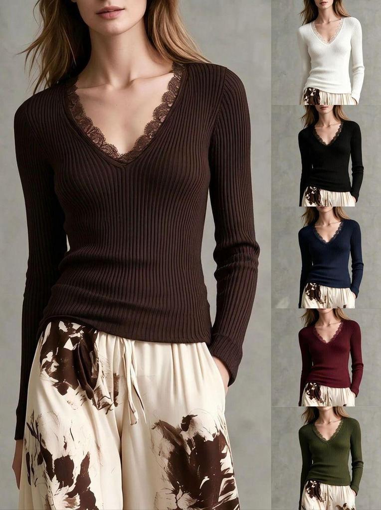 Retro French Lace Patchwork Knit V-Neck Base Layer for Women - Slim-Fit, Stretchy, and Versatile Autumn Top