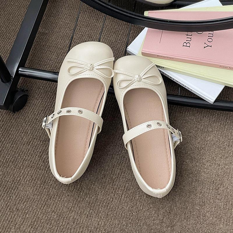 Shallow mouth flat-soled single shoes women's white round head bow Mary Jane shoes