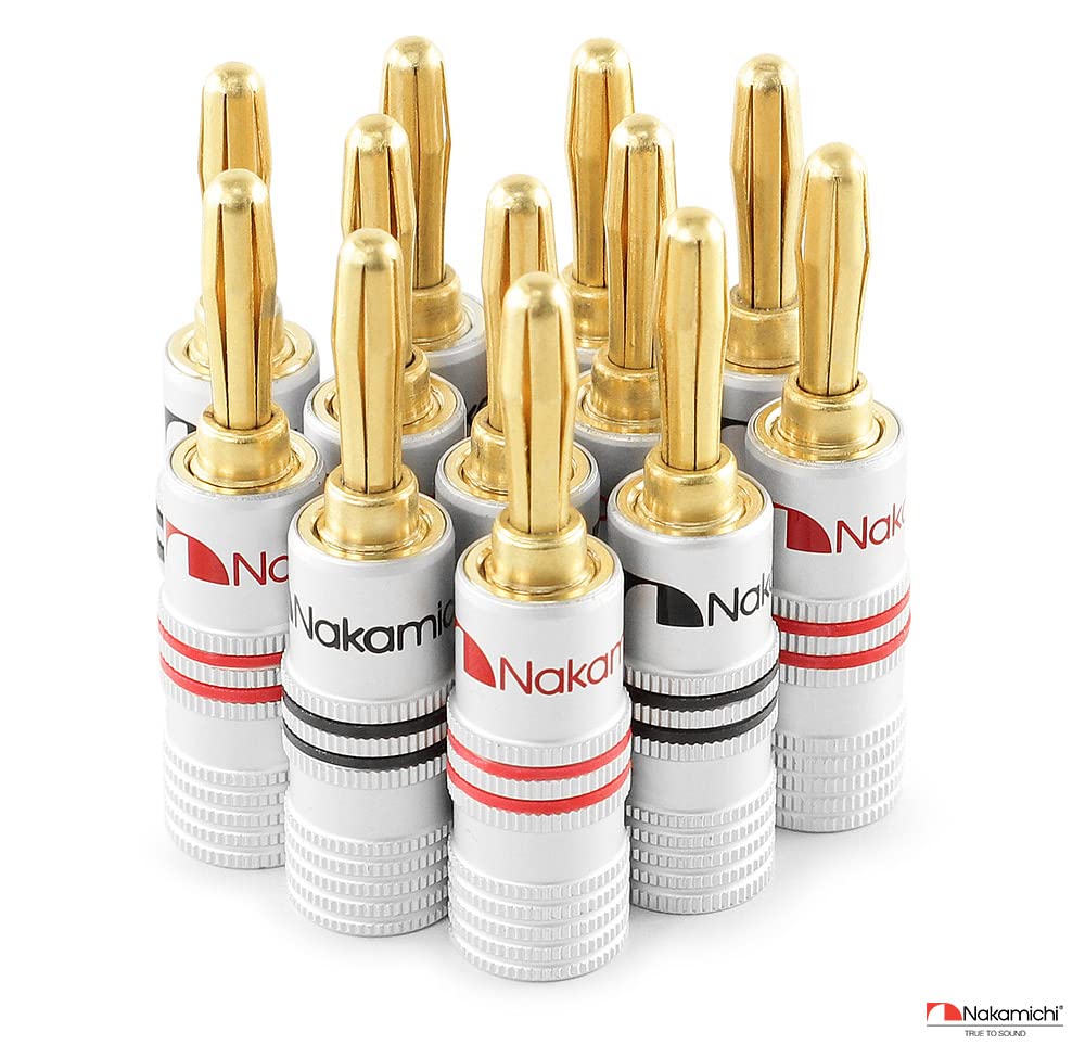 Nakamichi Banana Plugs 24K Gold Plated Speaker Cable Connectors Aluminum Metal Shell Gauge Size 4mm Pieces Banana 12AWG-18AWG (10 (5 Pairs), Plugs)