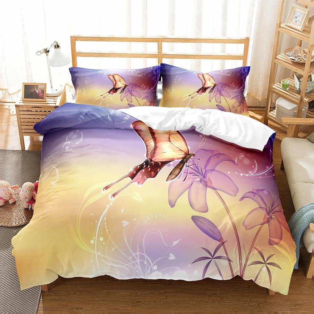 Butterfly And Flower Duvet Cover Girls Botanical Floral Bedding Set Microfiber Garden Flower Print Quilt Cover Twin King Size
