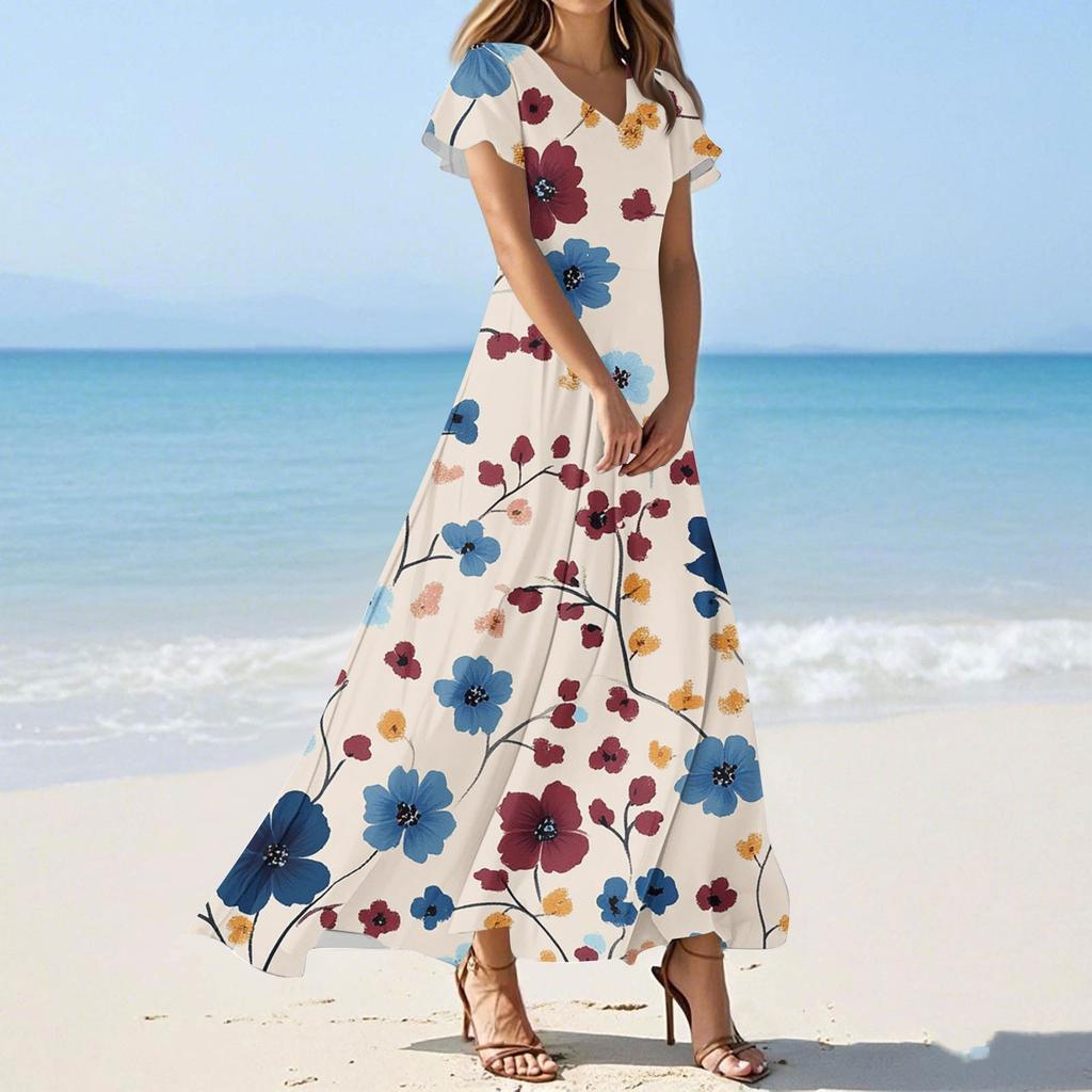 Women's Summer Casual Fashion Floral Print Dress V Neck Short Sleeve Dress