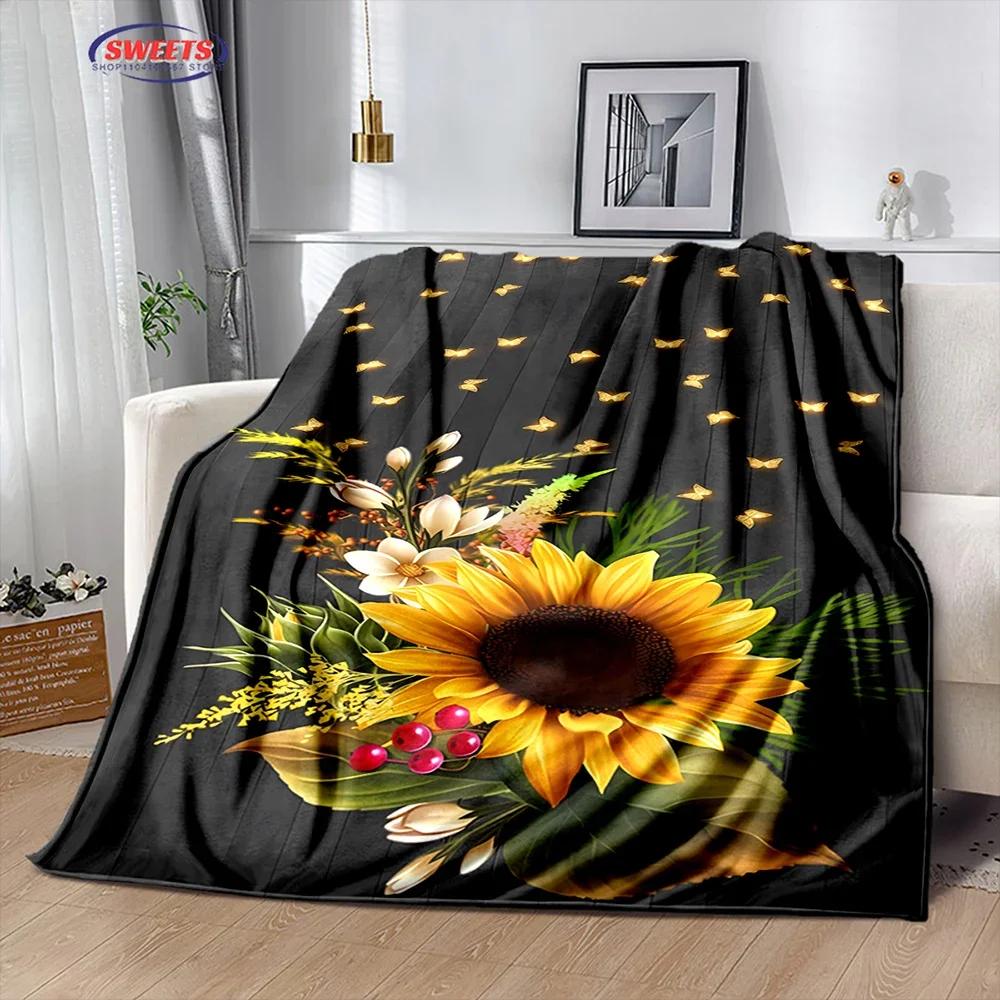 3D-Druck Blumenmotiv Sonnenblumen Weiche Flanelldecke für Bett Schlafzimmer Sofa Picknick, Überwurfdecke zum Zudecken Outdoor-Freizeit Nickerchen