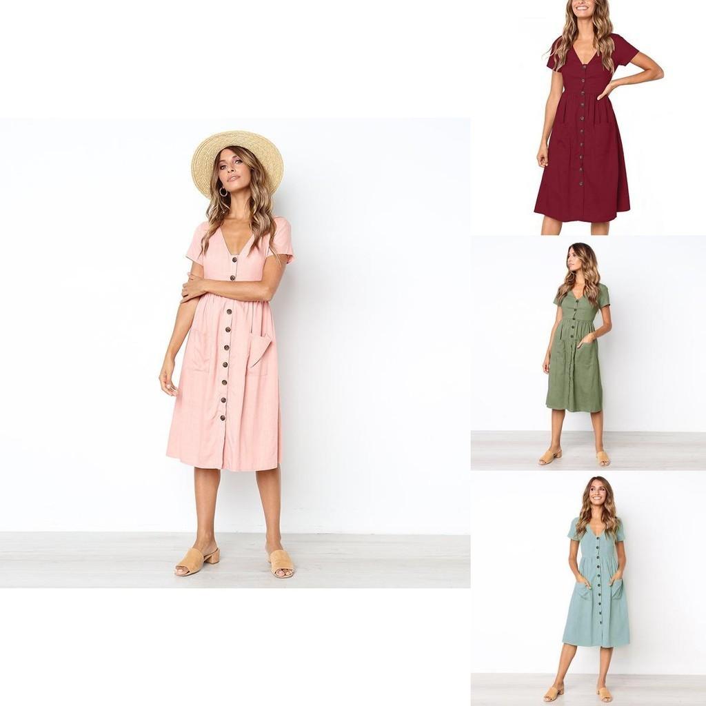 Nrj 2020 Hot Sale V-neck Button-up Short Sleeve Women's Dress With Pockets