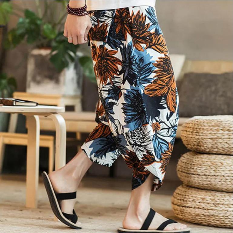 Men s Loose Fit Harem Pants Summer Beach Casual Seven Quarter Length Cotton Linen Ethnic Style Lantern Trousers Large Size L