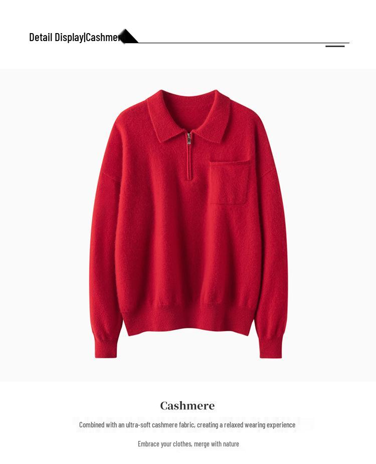 Women's Polo Neck Half-Zip Cashmere Sweater - Light, Elegant, Long Sleeve Pullover for Autumn/Winter.