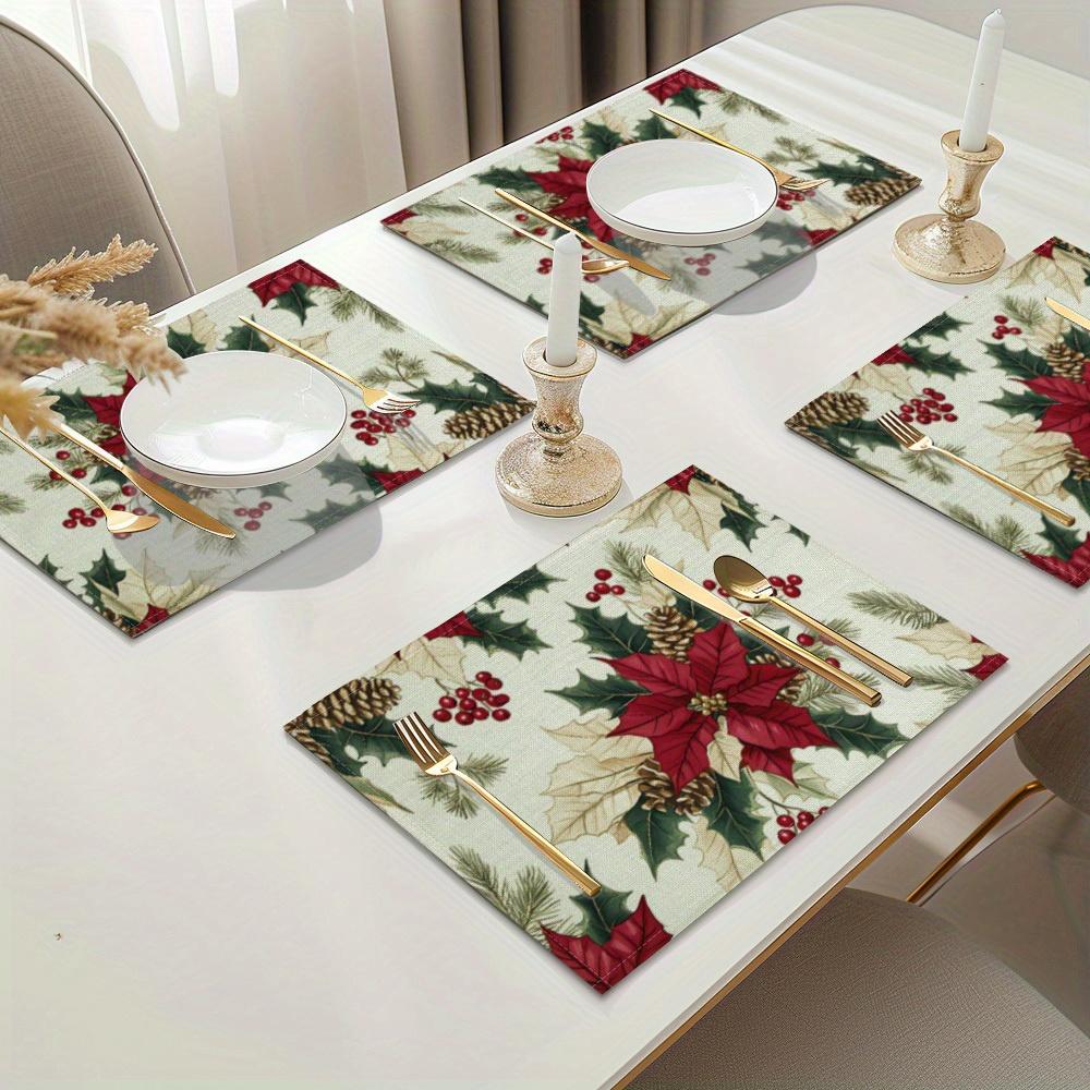 1/2/4/6/8pcs Christmas Theme Placemats - Beautiful Christmas Flower Pattern, 17.7 Inch X 11.8 Inch Rectangle Table Placemats, Machine Washable