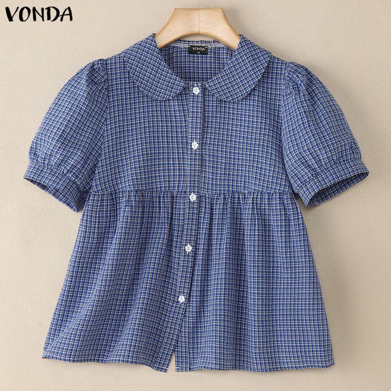 

VONDA Женские блузки топы в клетку с кукольным воротником и пышными рукавами на пуговицах M синий