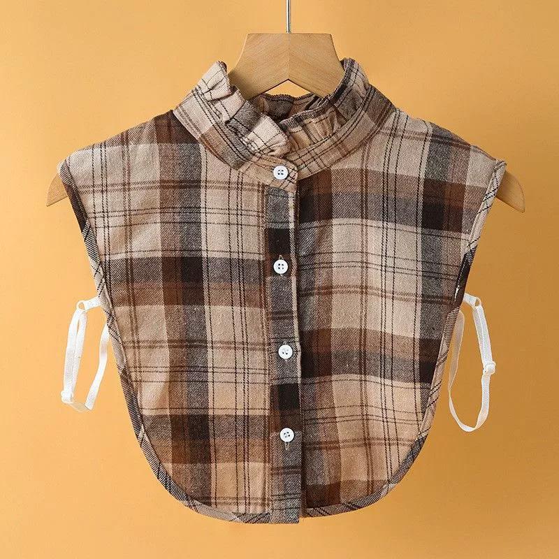 1Pc Fake Collar Leisure Travel Maillard Elegant Checkered Various Tops Shirt Lining Sweater Inner Layer Brown Tones