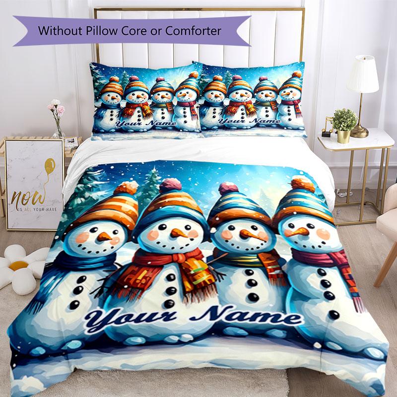 3PC Custom Name Snowmen Winter Friendship Bedding Set Duvet Cover Closure Includes 1 Duvet Cover & 2 Pillowcases for Bedroom