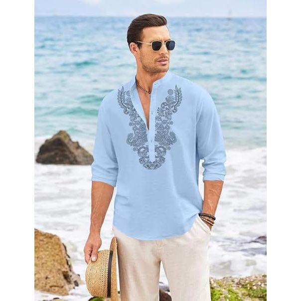 Herren Baumwollmischung Kurzer Kurta mit langen Ärmeln und ethnischem Halsausschnittdesign | Lässiger Knitterstruktur-Kurta mit Stehkragen