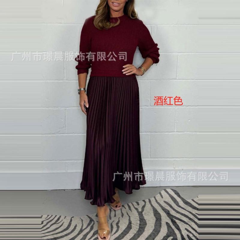 

Autumn and winter new foreign trade women s clothing fashionable and elegant round neck dress pleated long dress S бордовый
