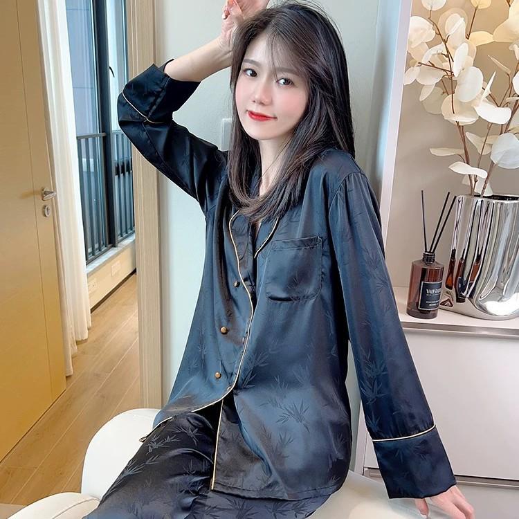 Ice Silk Women's Pajamas - Spring/Autumn Long Sleeve with Jacquard Pattern, Chinese-Style Retro Elegance, Button-Front Silk Loungewear