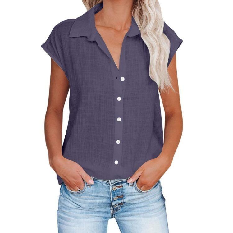 Women Casual Short Sleeve Shirt Summer Solid Color Lapel Top Single Breasted Blouse