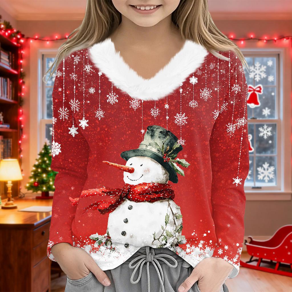 Christmas Day Girls Long Sleeve T Shirts Kids  Girls' V-Neck Tee Christmas Print Long Sleeve Top
