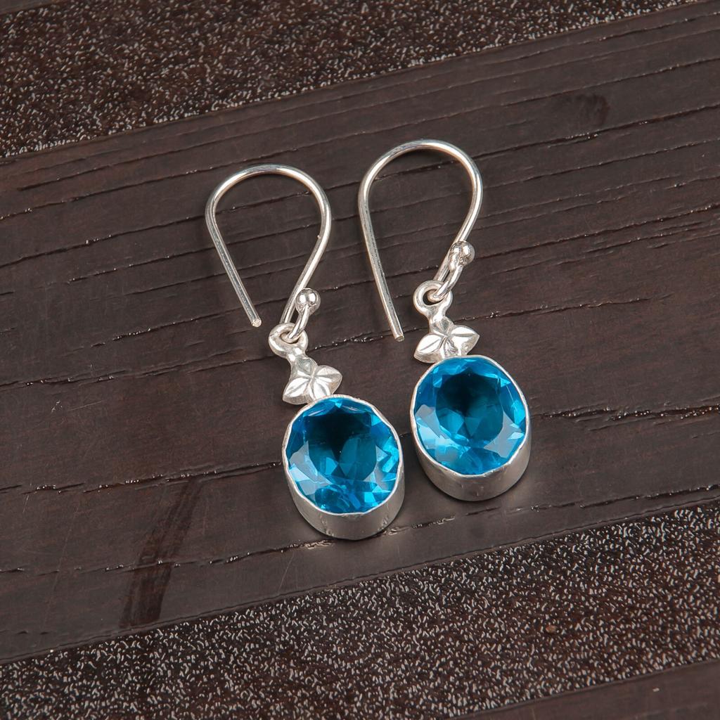 925 Sterling Silver Swiss Blue Topaz Gemstone Ethnic Jewely Earrings For Wife EE-6-1