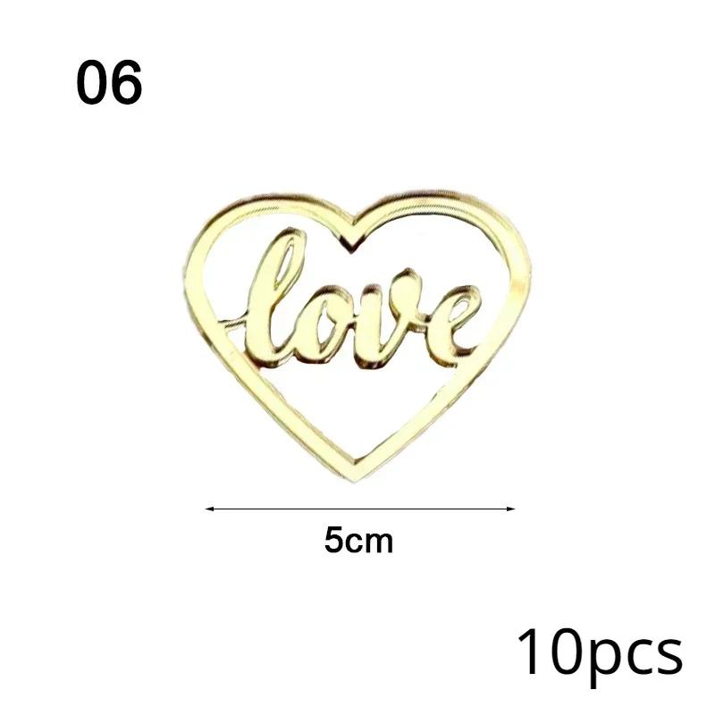 10Pcs Golden Heart Acrylic Cake Topper Valentine's Day Cupcake Decorations Anniversary Wedding Party Cake Toppers Kitchen Tools