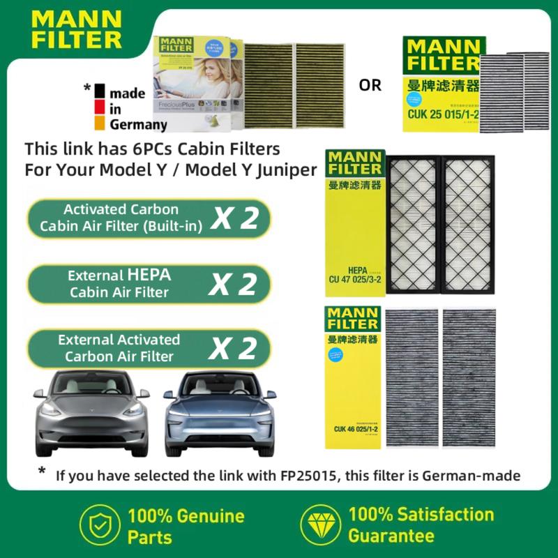 MANN FILTER For Tesla Model Y Model 3 EV HEPA Carbon Cabin Filter Kit 6PCS FP25015 CUK25015 CUK46025 CU47025 Build-in Air Filter