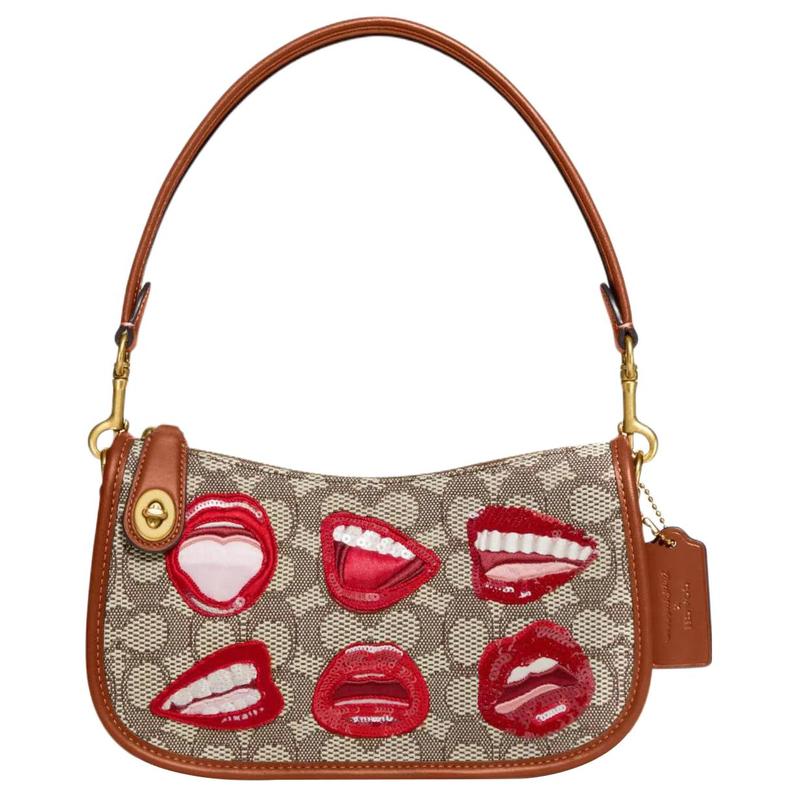 

COACH shoulder bag Tom Wesselmann co-branded Swinger 23 lip print turn-buckle jacquard with leather mahjong armpit hand-held crossbody medium size коричневий